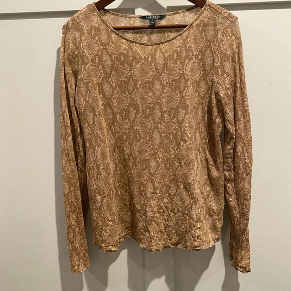 LRL Ralph Lauren Top Women Large Tan Snake Print 100% Linen Semi Sheet Python - Picture 4 of 12